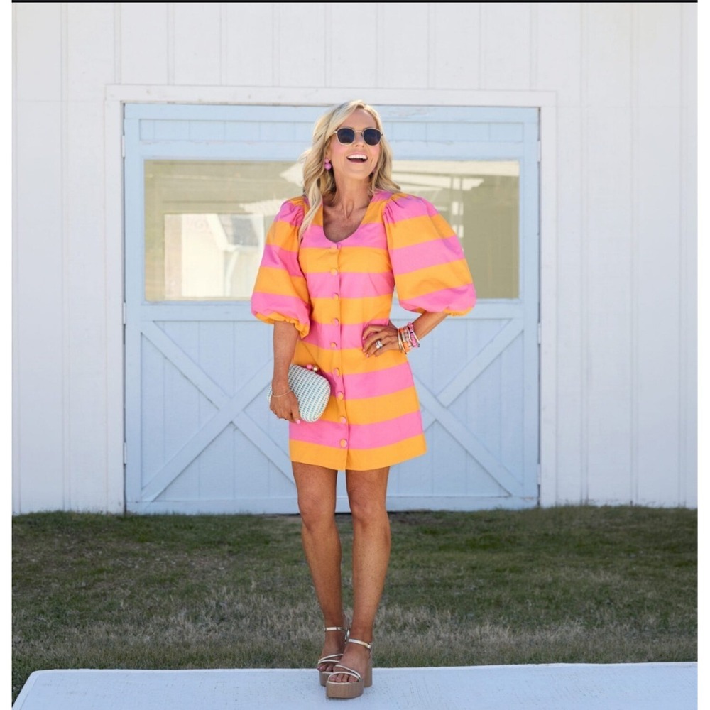 Avara x Nashville Tash Jayla Multi-Striped Mini Dress Pink Orange Puff Sleeve M